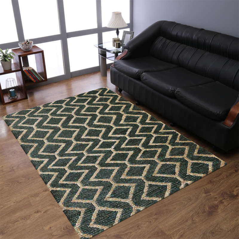 Lexi-Mai Hand Knotted Sumak Jute Eco-Friendly Solid Area Rugs - Rectangle | Green & Beige Geometric Pattern | High Pile | Natural Fiber | Indoor/Outdoor