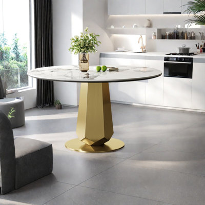 Table de salle à manger de luxe compacte, pierre frittée de 53 pouces, base dorée moderne pour la cuisine