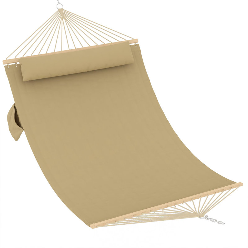 350cm 2 Person Extra Large Double Hammock, Blue Stripes Outdoor Swing Bed with Wooden Spreader Bar, Pillow & Hanging Chains, 204kg Capacity for Indoor Outdoor Patio Garden