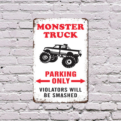 Monster Truck Parking Only Violators Will Be Smashed Vintage 11 Inch x 17 Inch Plastic Sign Big Tires Big Rules Perfect for Garages Kids Rooms Playrooms Fun Gift for Monster Truck Fans Families