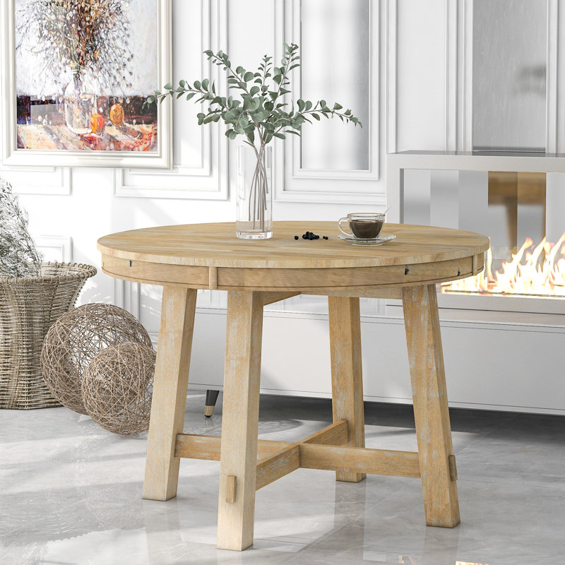 Table ronde en bois naturel délavé avec rallonge, 16 po, fabrication solide, pouvant accueillir jusqu'à 6 personnes