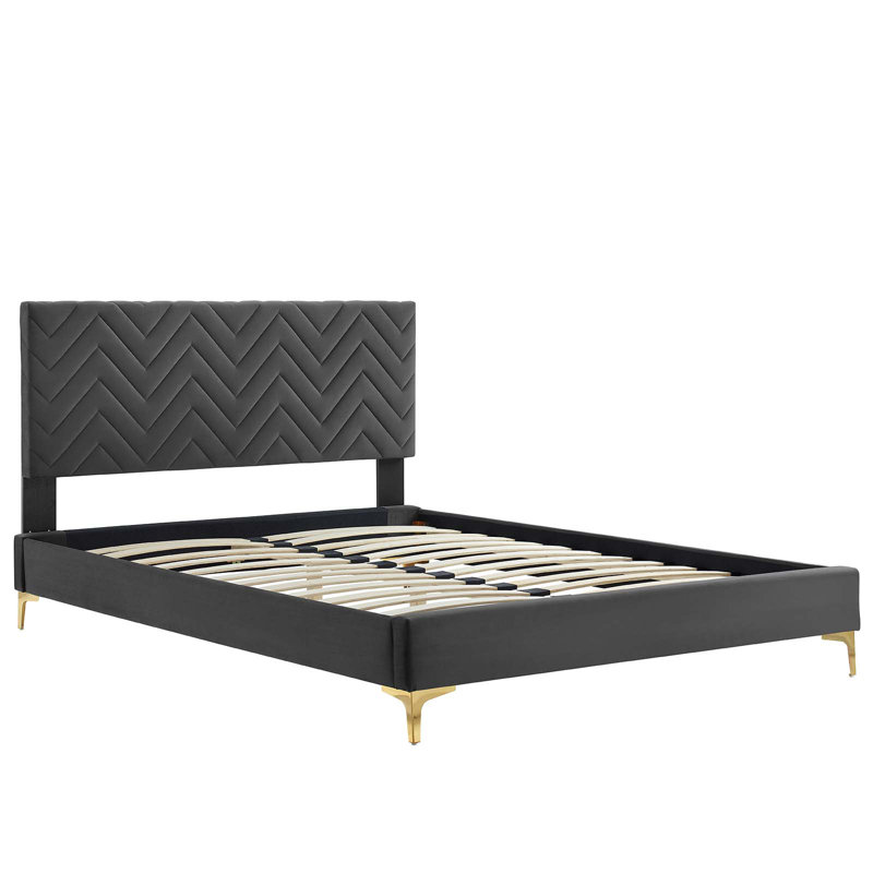 Lit plateforme en velours Leah, Gris anthracite, Double