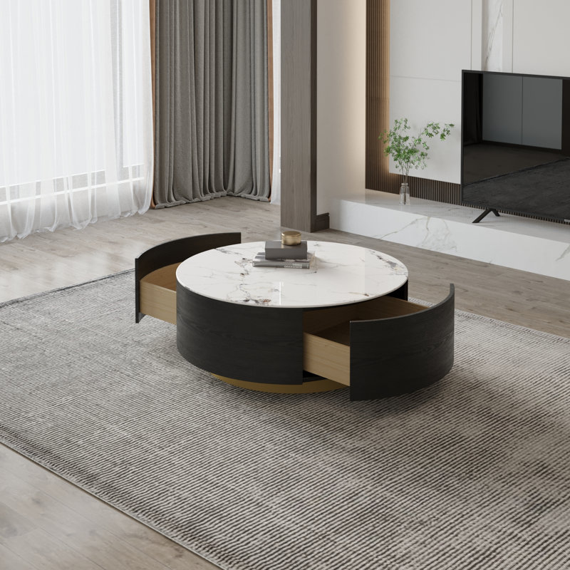 Jahnea Round Coffee Table with Storage, 2 Drawers, Black, Dali White