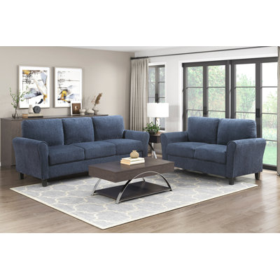 Contemporary 2pc Living Room Sofa Set Blue Chenille Upholstered Sofa Loveseat Plush Foam Padded Pocket Coils Solid Wood Furniture