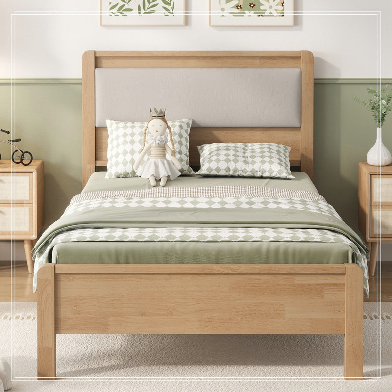Lit Rigsby en bois, taille double XL, avec tête de lit rembourrée, Naturel