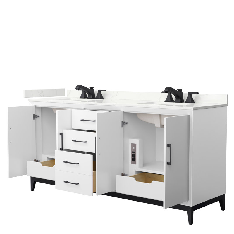 Ensemble de meuble-lavabo double 72 po avec plateau Amici, Quartz Giotto, Noir mat