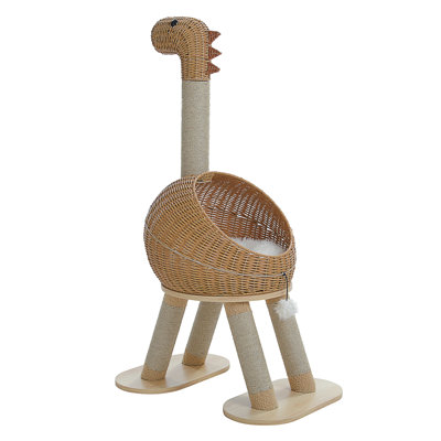 Modern Cat Tree 46” Cat Dinosaur Tower With Scratching Post, Large Rattan Cats House In 18” Diameter, Wicker Cats Bed With Removable Mat