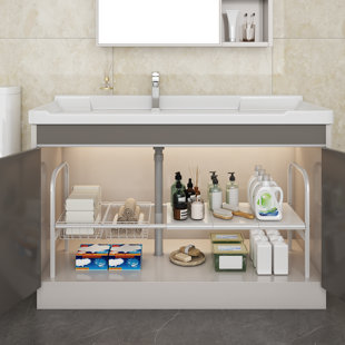 Under Sink Organizers, Expandable Cabinet Shelf Organizer With 3 Removable Panels And 2 Baskets, Under Counter Storage Organizer For Kitchen, Bathroom, Shoe Storage Rack