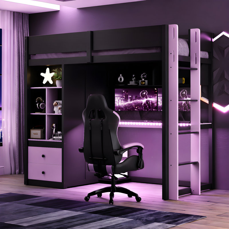 Lit mezzanine simple en bois massif avec bureau, armoire de rangement et penderie, bande lumineuse DEL, ports de chargement USB, noir et violet