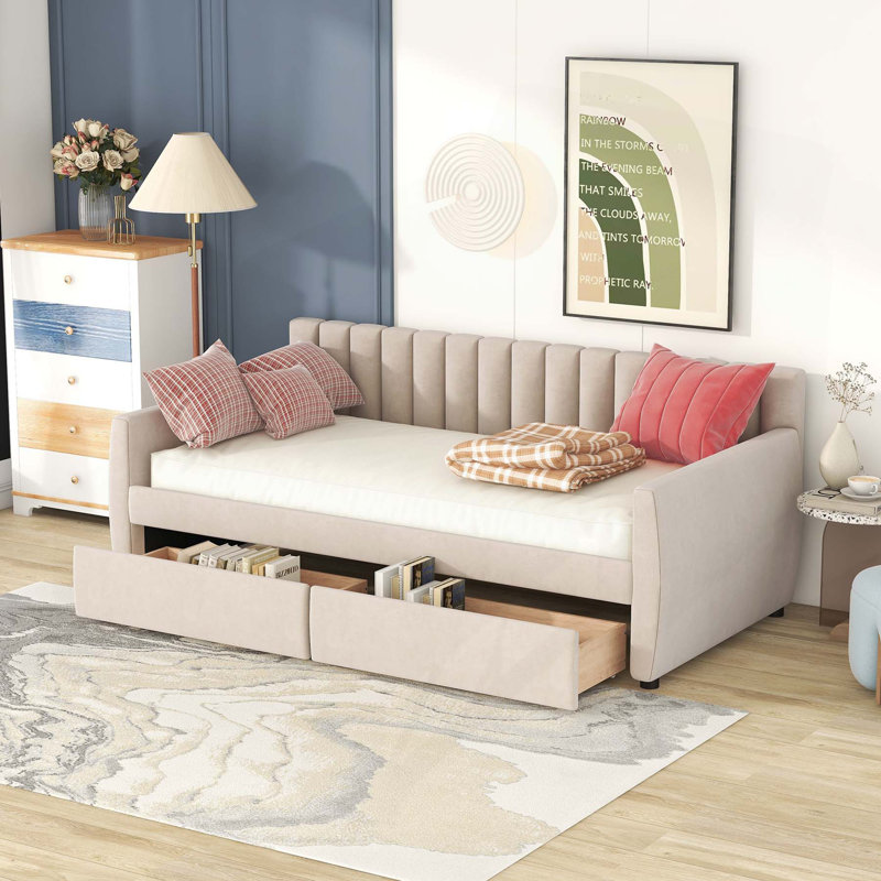 Lit de jour rembourré polyvalent avec tiroirs pour plus de rangement et de confort, Beige