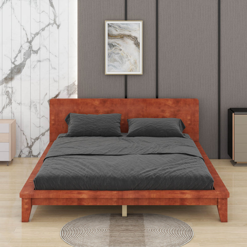 Lit plateforme en bois avec tête de lit, structure de lit moderne et robuste avec support en lattes de bois, Queen, Brown
