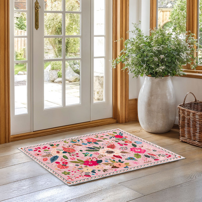 2' ×3' Pink Non-slip Area Rug, Boho Flower Washable Low Pile Indoor Entrance Mat For Living Room