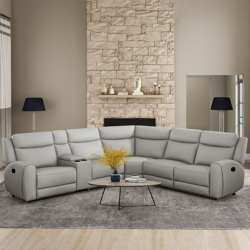 Canapé modulaire inclinable manuel Burroughs, Cuir véritable gris clair