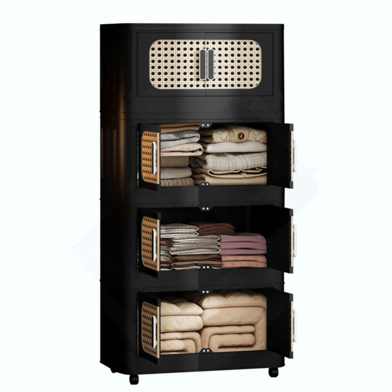 Folding Storage Cabinet ,4 Tiers,Collapsible Storage Bins With Magnetic Door, Plastic Storage Cabinet With Wheels, Black