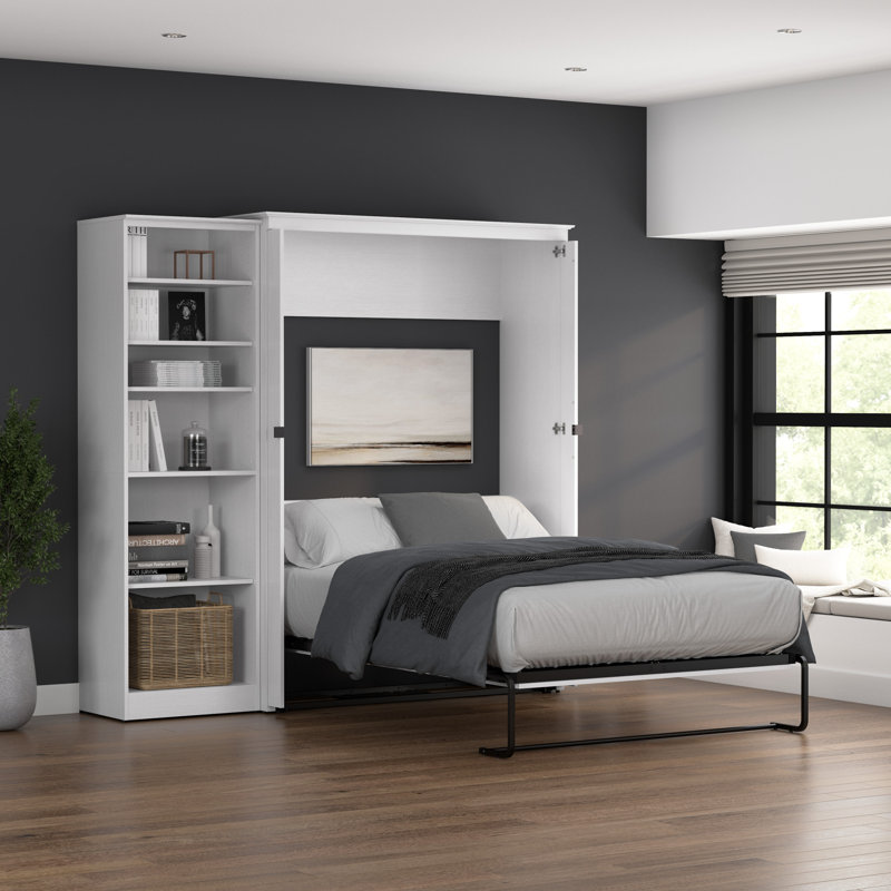 Grand lit escamotable avec rangement pour garde-robe (94 W), Chêne blanc pur, Queen