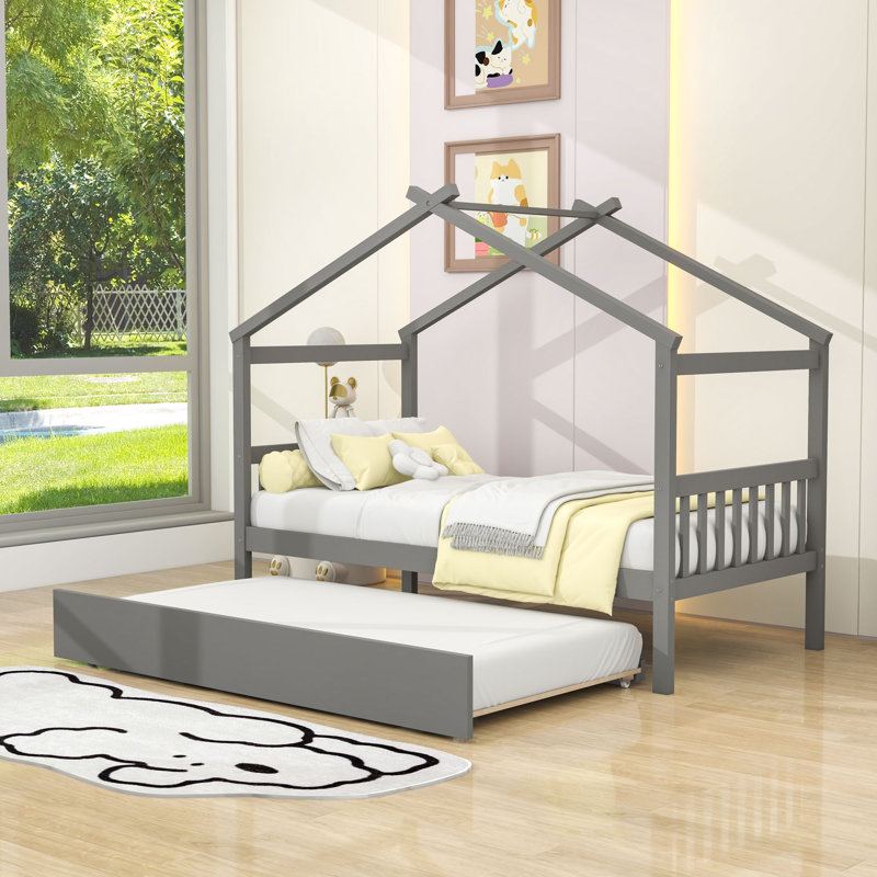 Wood House Bed With Pull-Out Twin Trundle, Gray, Twin