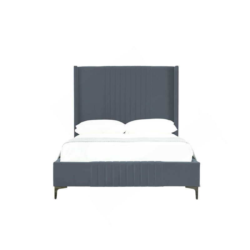 Lit double rembourré en velours gris Promenade, Gris, Lit double