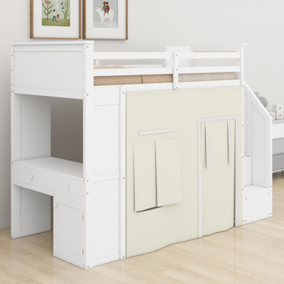 Lit mezzanine en bois avec bureau intégré, escalier de rangement, deux tiroirs et rideau d'intimité