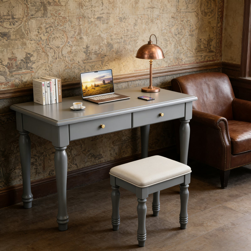 Ensemble de bureau moderne en bois massif gris minimaliste avec rangement à double tiroir, tabouret inclus