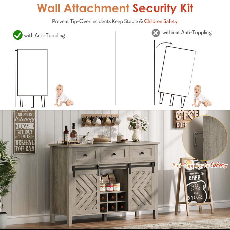 Farmhouse Buffet Cabinet with Sliding Barn Door – Rustic Sideboard with 3 Drawers, Adjustable Shelf & Removable Wine Rack for Dining, Kitchen, Living Room (Vintage Gray, 1.2m)