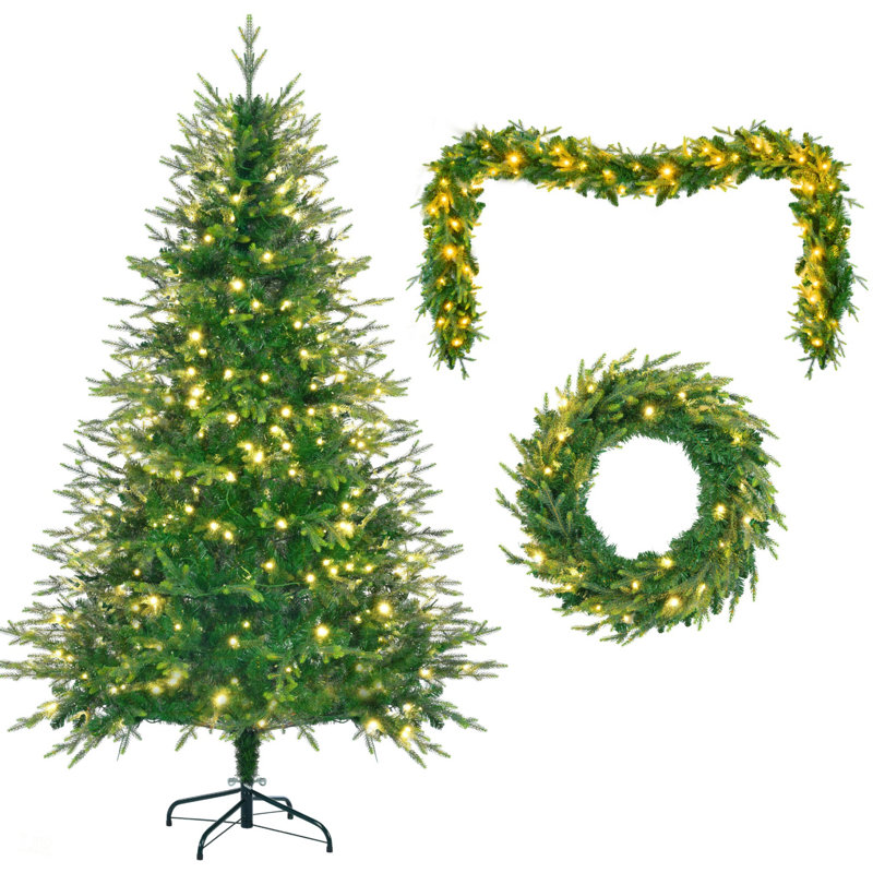  Sapin de Noël artificiel pré-éclairé avec couronne et guirlande, lumières DEL pour décoration intérieure festive, arbre de Noël