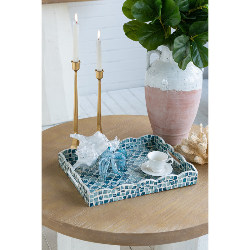 16X13X2" Decorative Rectangle Tray With Blue And White Capiz Design