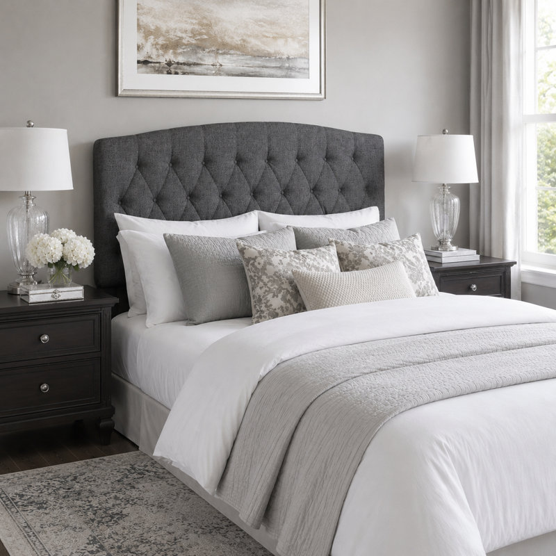 Camelback Diamond Tufted Upholstered Panel Headboard, Queen, Mossy Gray