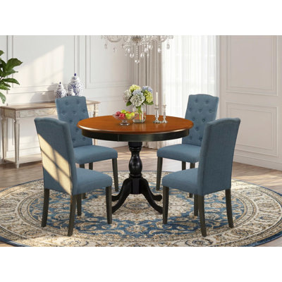 Ensemble de salle à manger 5 pièces en bois composé d'une table de cuisine en bois et de 4 chaises Parson en tissu de lin bleu avec dossier capitonné - Finition noire