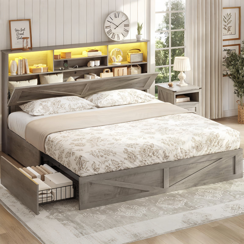 King Bed Frame with Spacious Storage Headboard and 4 Drawers Farmhouse LED Metal Platform Bed with Charging Station No Boxing Need