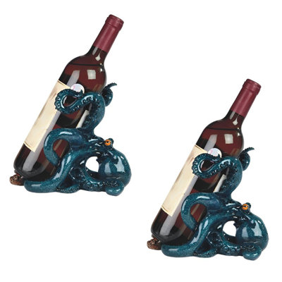 "2-PC Set" ICE ARMOR 8.25"W Blue Octopus Wine Rack Bottle Holder Dining Room Figurine Statue Sculpture Ornament Decoration Home/Room Decor and Unique Gift Ideas for Housewarming, Holidays and Birthdays Great Collectible Addition