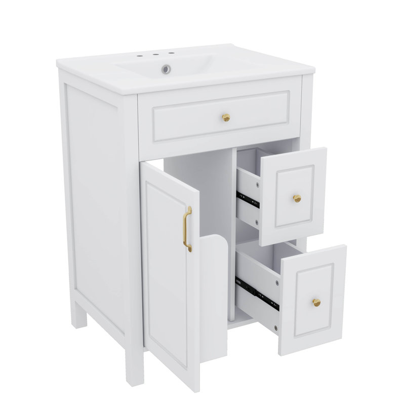 24 Inch Bathroom Vanity Equipped With Ceramic Sink, 1 Soft-Close Door And 2 Soft-Close Drawers, White