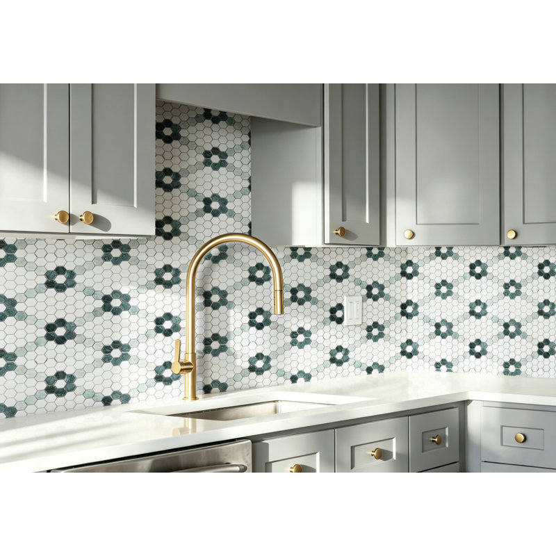 Carreau de mosaïque blanc Thassos, vert indien et vert Ming, Thassos White/Indian Green/Ming Green