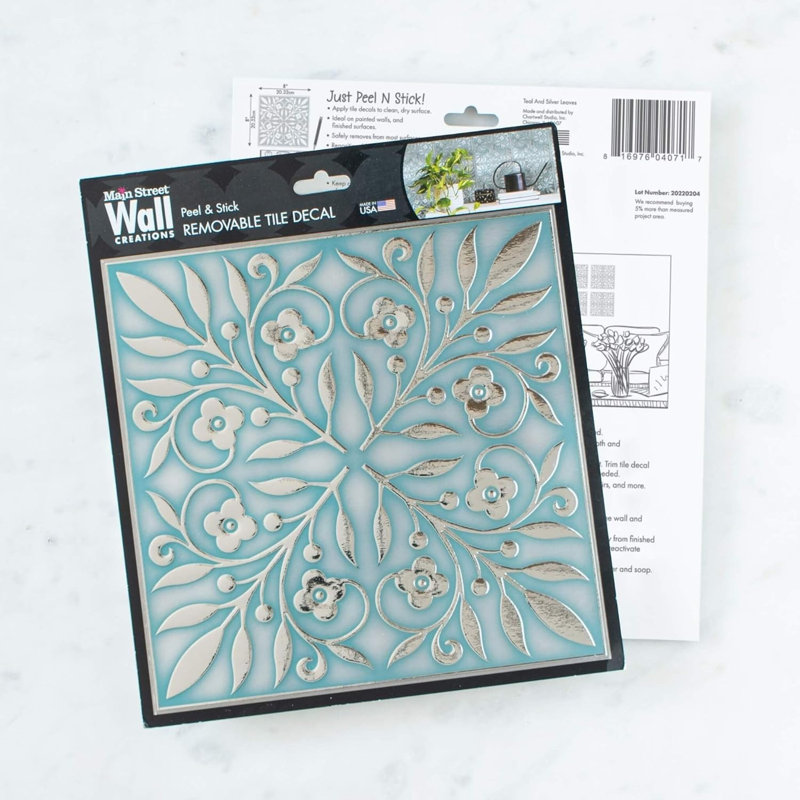 Teal and Silver Floral Metallic Peel and Stick Wallpaper Tiles