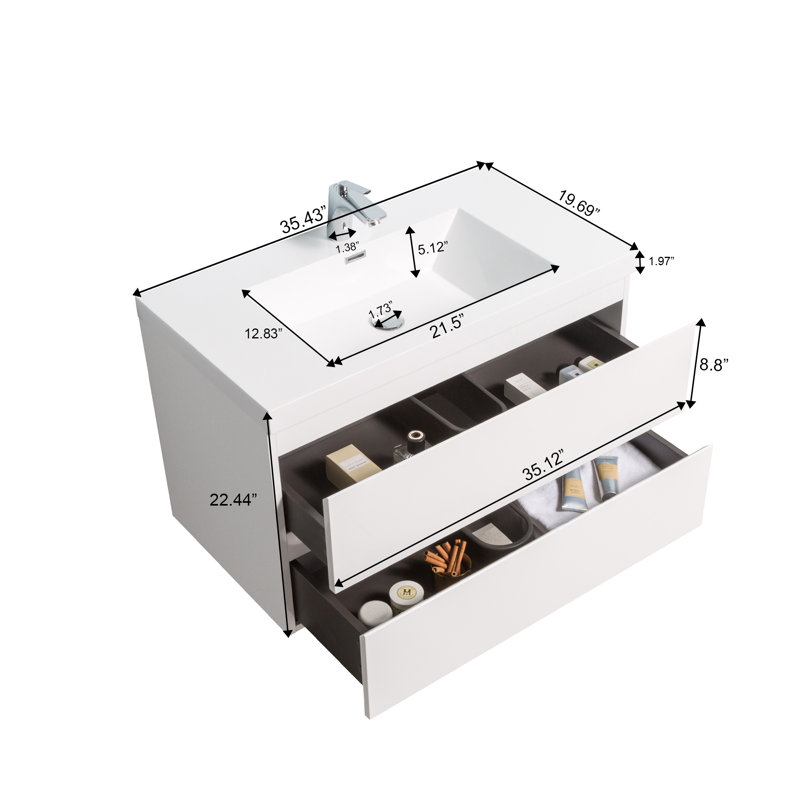 Meuble-lavabo flottant mural blanc brillant 36 po avec comptoir simple à surface solide blanc, Blanc