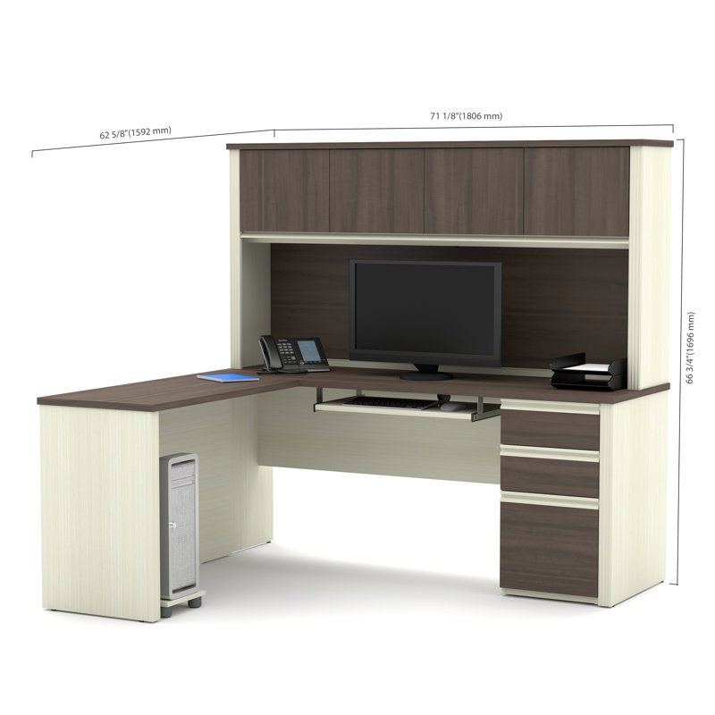 Bureau de direction en L réversible avec huche Opérle, Chocolat blanc et Antigua