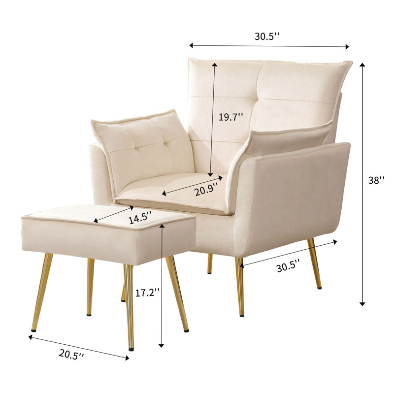 Fauteuil rembourré avec repose-pieds Vaishal, Velours crème
