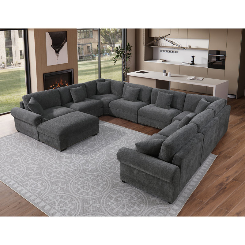 Errett Modern Fabric Reversible 9 Seater Corner Sectional With Movable Ottoman, Dark Gray Polyester