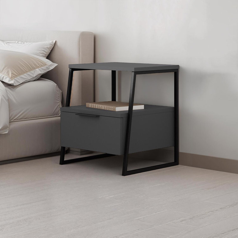 45cm W Metal Bedside Table, Dark Grey