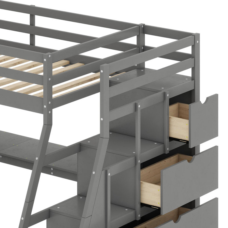 Lit mezzanine avec tiroirs, tablettes et bureau, Gris