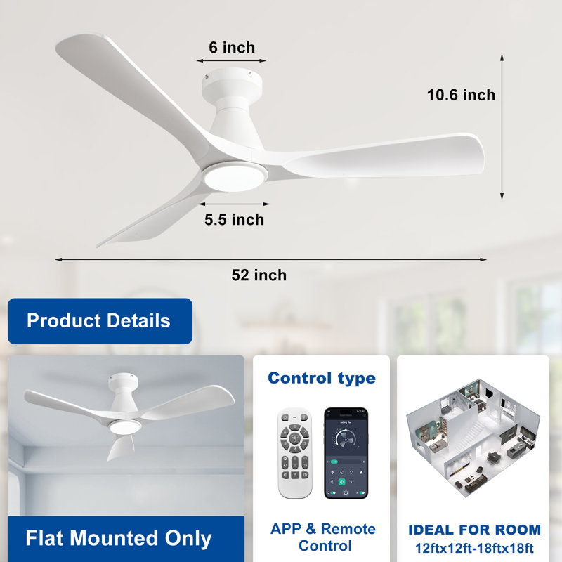 52 Inch White 3 Blade Flush Mount Low Profile Ceiling Fan with Lights and Remote, Dimmable Indoor Outdoor Fan with Remote APP Control Quiet DC Motor Timer