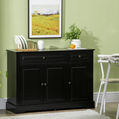 Buffet à buffet, cuisine moderne avec 2 tiroirs et tablettes réglables. Noir, design d'espace. . Buffet l 45,47 "x P 15,5" H 32 ", et tablettes, noir pour une maison fonctionnelle et élégante