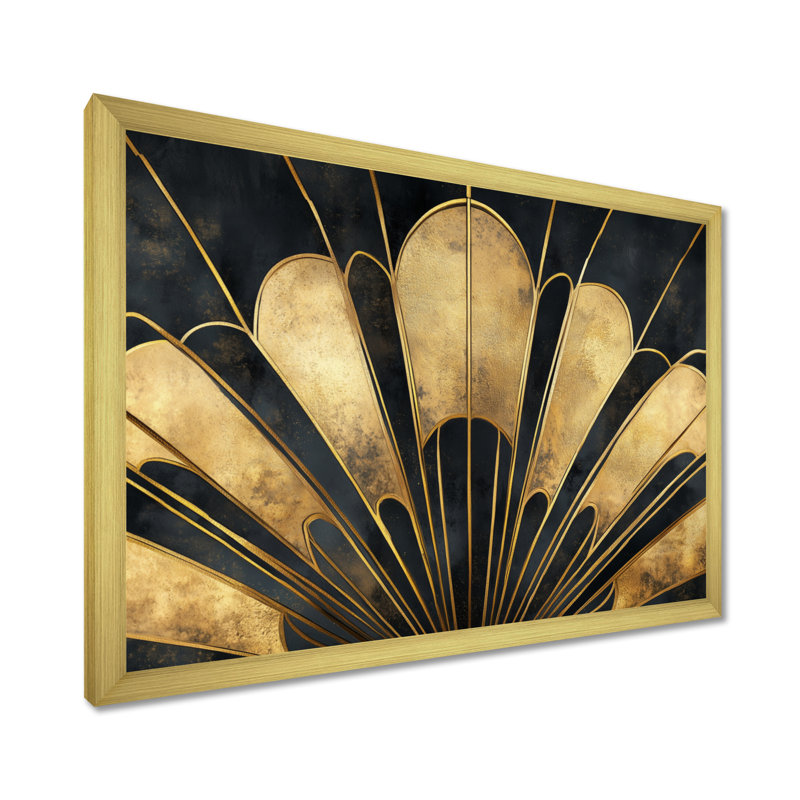 Géométrie de l'éventail noir, or et doré II - Tableau abstrait Art déco encadré, H 30 po x l 40 po, Gold Picture Framed