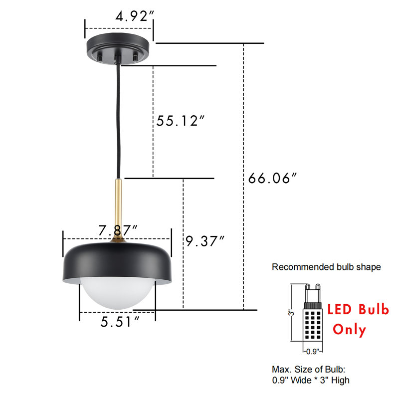 Luminaire suspendu moderne en métal avec globe en verre opale, Noir / blanc