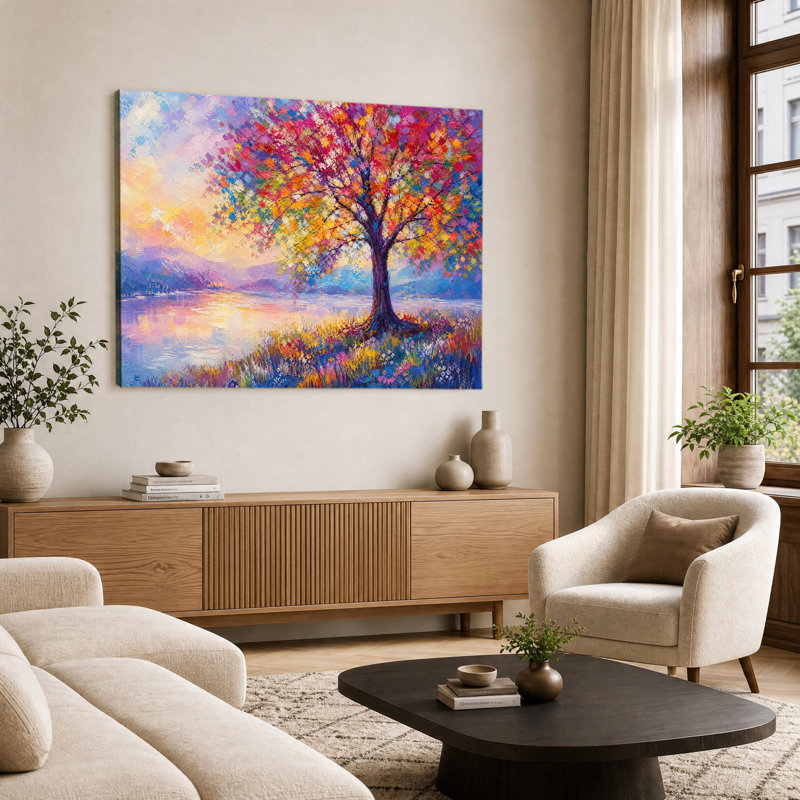 Reproduction d'art mural sur toile, feuille colorée, lac, coucher de soleil, empâtement, paysage, salon, décoration murale