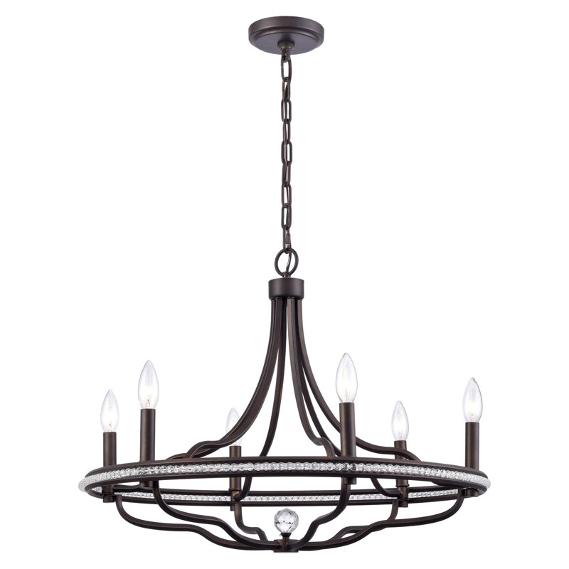 Lustre toscan en bronze foncé avec accents de cristal transparent, 6, H 20 po x l 26 po x P 26 po