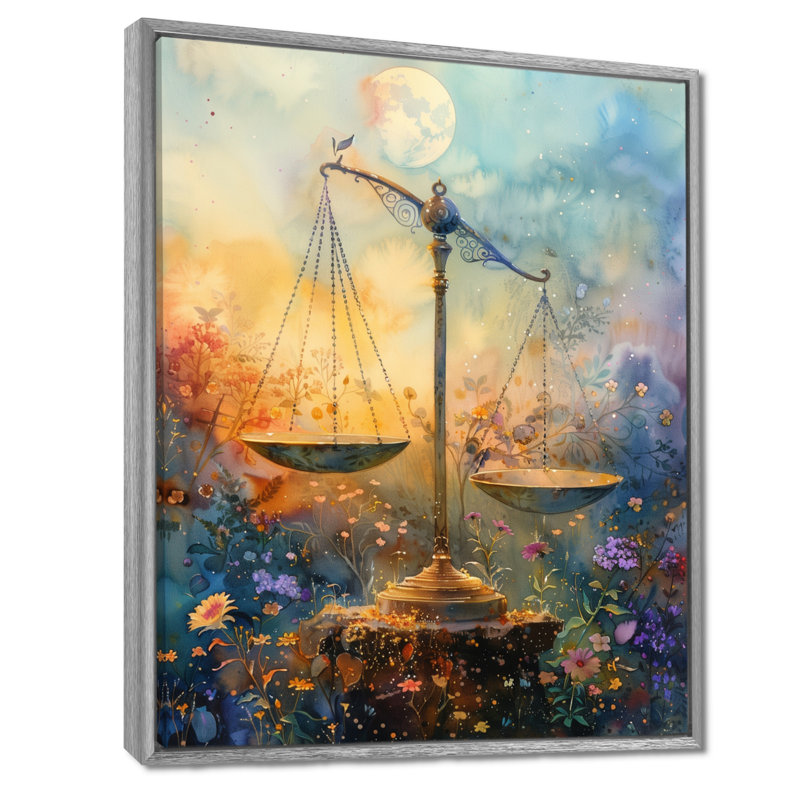 Astrologie équilibrée jaune et bleue, Balance I - Astronomie, art mural, H 34 po x l 44 po, Encadrement argenté