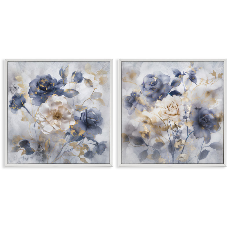 Ensemble de 2 estampes bleues encadrées bleues, design par Irene Weisz, H 12 po x l 24 po