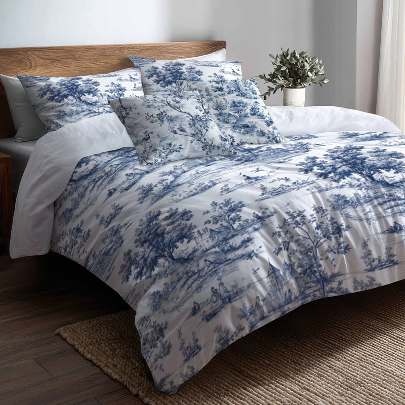 French Country Bedding Set Of 5 - Blue Classic Toile Duvet Cover And Throw Pillow Set