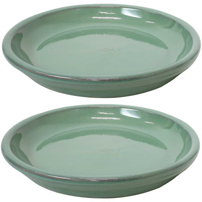 Round Glazed Ceramic Flower Pot Saucer Set of 2 - Fits 7" Planters - Seafoam