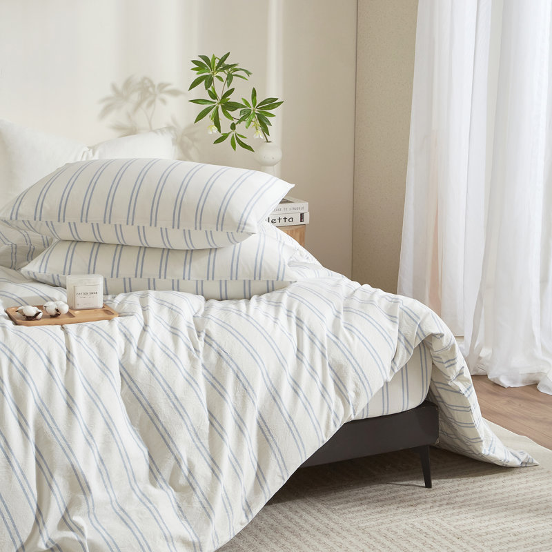 LIFETOWN Striped Duvet Cover Set 100% Washed Cotton Material Soft Linen Feel 3 Pieces Bedding Set